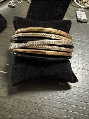 Brighton Multi-Row Black and Gold Bangle Bracelet - Women Jewelry